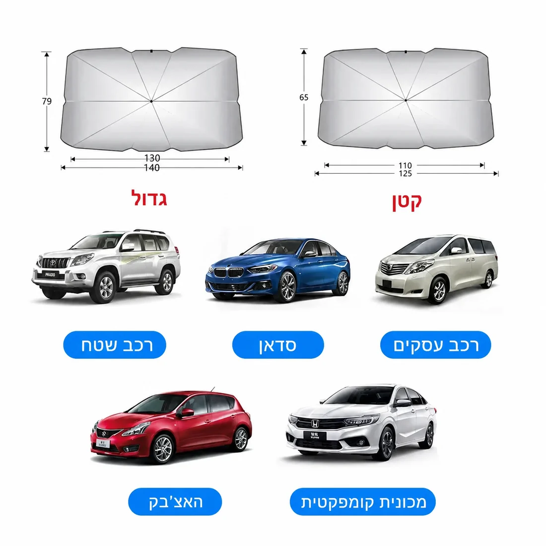 מדריך מידות ShadePop: גדול לרכב שטח, סדאן ורכב עסקים; קטן להאצ׳בק ומכונית קומפקטית